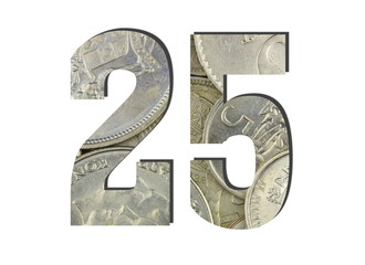 25 3d Number Shiny silver coins textures for designers. White isolated