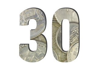 30 3d Number Shiny silver coins textures for designers. White isolated