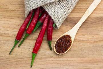 Close-up top view of red chili pepper and spoon on wood background