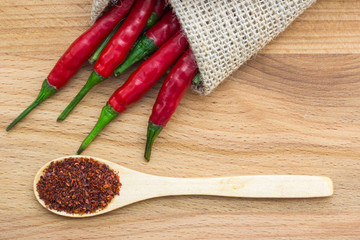Close-up top view of red chili pepper and spoon on wood background