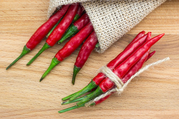 Close-up top view of red chili pepper on wood background