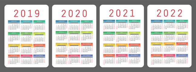 Calendar 2019, 2020, 2021, 2022 years. Colorful vector set. Week starts on Sunday. Vertical calender design template