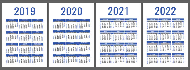 Calendar 2019 2020 2021 2022 Years Vertical Calender Simple Design Template Blue Color Vector Set Week Starts On Sunday Buy This Stock Vector And Explore Similar Vectors At Adobe Stock Adobe Stock 52 week calendar 2021 template