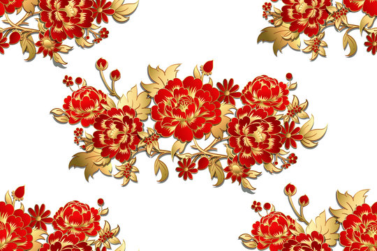 Seamless Pattern With Red Flowers With Golden Leaves
