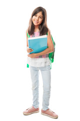 School girl child with backpack and books
