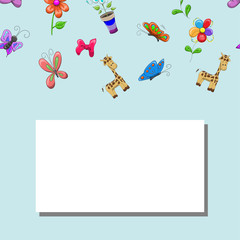 baby frame on a blue background. design seamless flowers giraffe.