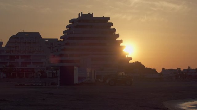 Multi storey aztec style payramid buidings from the 60ties in the tourist town of La Grande Motte in southern France