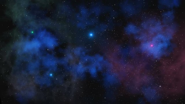 Stars fly past on a background of clouds and gas in space