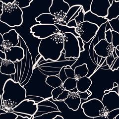 Seamless floral pattern with vector jasmine elements for fabric or wrapping design. Black and white. Chalkboard.