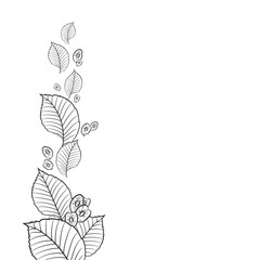 Decorative vertical element with elm leaves and seeds for floral design. Card template. Black and white.