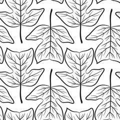 Seamless floral pattern with tulip tree leaves for fabric or wrapping design. Black and white.