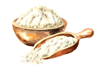 Bowl and wooden scoop with flour. Watercolor hand drawn illustration, isolated on white background
