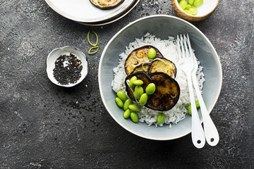 Without meat teriyaki eggplant with basmati rice, leek, sesame. Top View