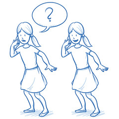 Young girl in surprised position in two emotions with speech bubble. Hand drawn cartoon doodle vector illustration. 