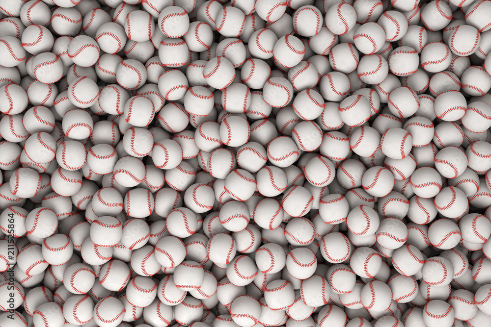Poster 3d rendering of a huge heap of white baseballs with red stitching in top view.