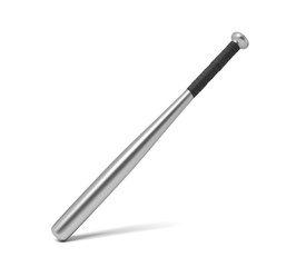 3d rendering of a single metal baseball bat with a wrapped handle standing on a white background.