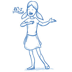 Happy young girl singing a song. Hand drawn cartoon doodle vector illustration.