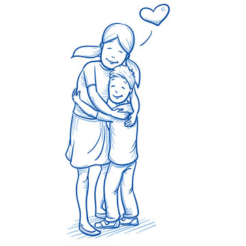 Happy young girl hugging her younger brother, love between brothers and sisters. Hand drawn cartoon doodle vector illustration.