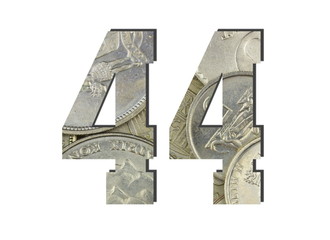 44 3d Number Shiny silver coins textures for designers. White isolated