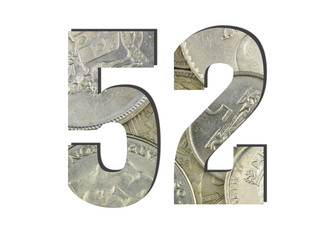 52 3d Number Shiny silver coins textures for designers. White isolated