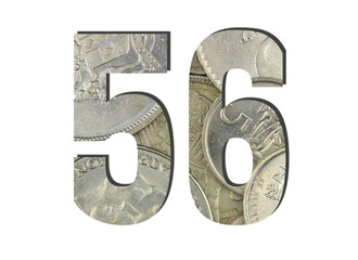 56 3d Number Shiny silver coins textures for designers. White isolated