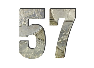 57 3d Number Shiny silver coins textures for designers. White isolated