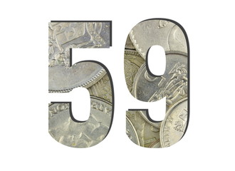 59 3d Number Shiny silver coins textures for designers. White isolated