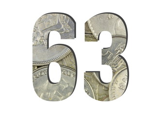 63 3d Number Shiny silver coins textures for designers. White isolated
