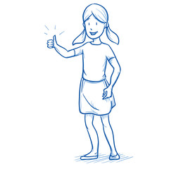 Happy young girl showing thumb up. Hand drawn cartoon doodle vector illustration.