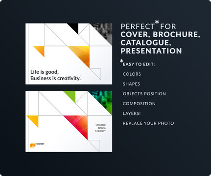 Square design presentation template with colourful triangles and shadows. Abstract vector set of modern horizontal banners