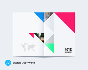 Abstract double-page brochure design triangular style with colourful triangles for branding. Business vector presentation broadside.