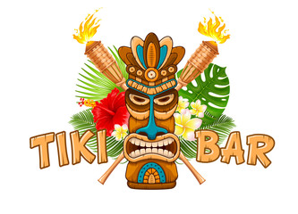 Wooden Tiki mask and signboard of bar © Pagina