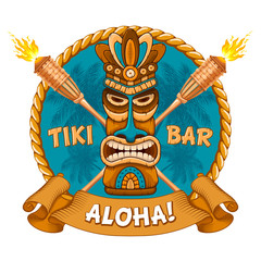 Wooden Tiki mask and signboard of bar © Pagina