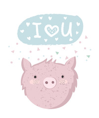 Vector poster with funny animal pig and cute text