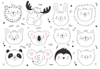 Vector set of cute doodle stickers with funny animals