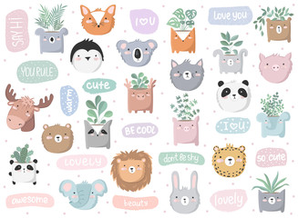 Vector set of cute doodle stickers with funny animals, text and house plants