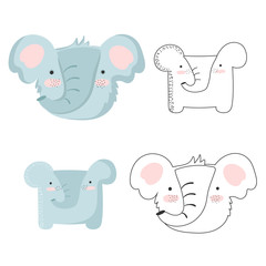 Vector collection of cute doodle elephants. Adorable objects isolated on background