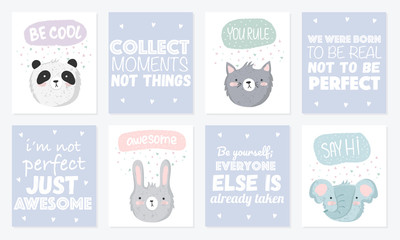 Obraz premium Vector set of cute postcards with funny animals, and lettering