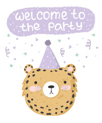 Vector cute poster with festive leopard at a party and text.