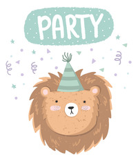 Vector cute poster with festive lion at a party and text.