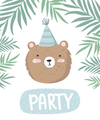 Vector cute poster with festive bear at a party, branches and text