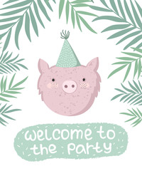 Obraz premium Vector cute poster with festive pig at a party, branches and text
