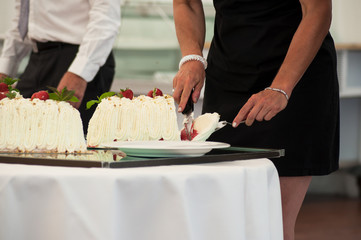 Obraz na płótnie Canvas closeup of woman cutting wedding cake in reception room