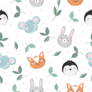 Vector seamless baby pattern with animals, branches, leaves