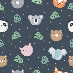 Vector seamless baby pattern with animals, leaves
