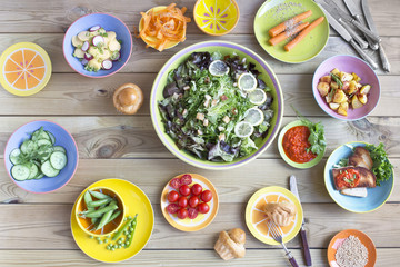 salad variations in colorful dishes