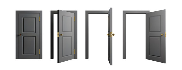 Doors set. Front view opened and closed door. Realistic isolated vector illustration. - obrazy, fototapety, plakaty
