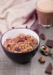 Bowl with organic chocolate granola breakfast