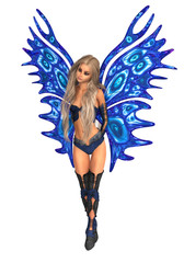 Fairy standing with hands behind her back. Blue butterfly wings, long blonde hair. White background. 3D rendering.
