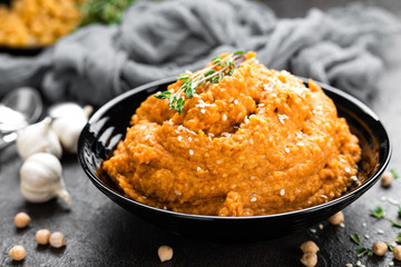Hummus. Fresh homemade сhickpea hummus in bowl